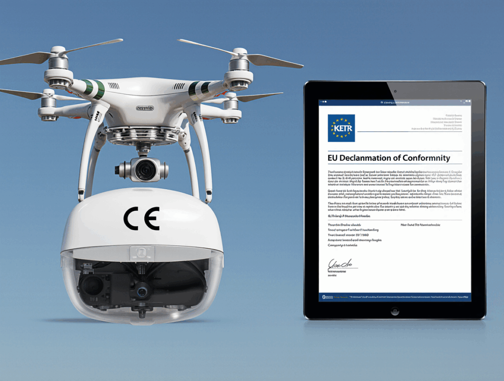 Primer plano de un producto industrial con el marcado CE visible junto a una pantalla digital mostrando el documento de Declaración de Conformidad UE.